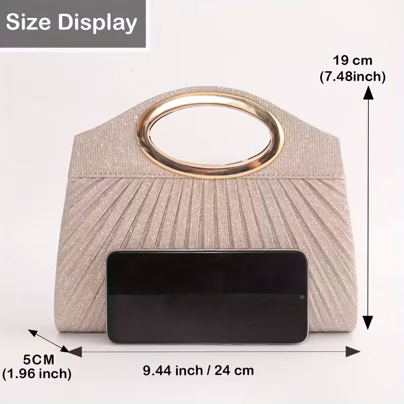Women's Elegant Solid-Color Pleated Clutch Evening Bag Lightweight Polyester Magnetic Closure Delicate Metal Ring Handle Shimmering Single-Shoulder Crossbody Strap