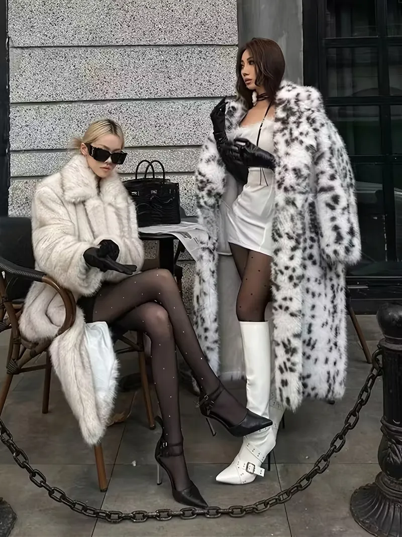 Women's Grass Outerwear with Lynx Pattern, Faux Fur Lined Thick Leopard Print Long Coat with Suit Collar Winter Loose Trendy Jacket, Fashion Outerwear, Chic Fur Lining, Highquality Finish, Statement Piece, Fashionforward Women