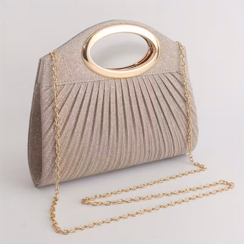 Women's Elegant Solid-Color Pleated Clutch Evening Bag Lightweight Polyester Magnetic Closure Delicate Metal Ring Handle Shimmering Single-Shoulder Crossbody Strap