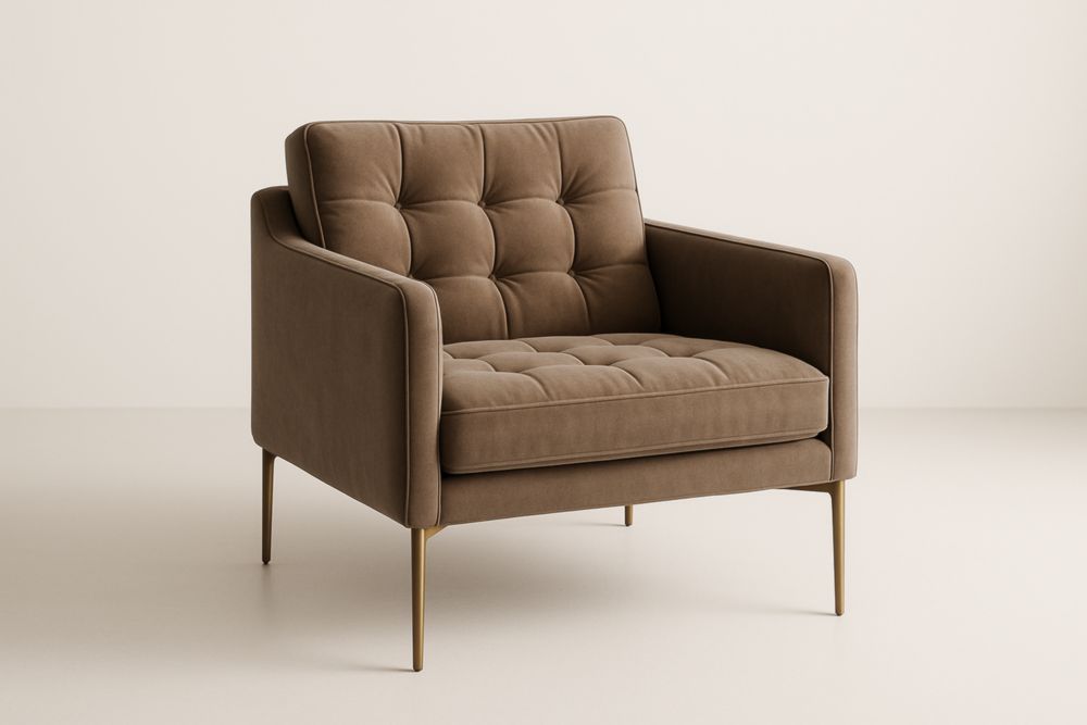 Poltrona in velluto marrone con gambe in acciaio