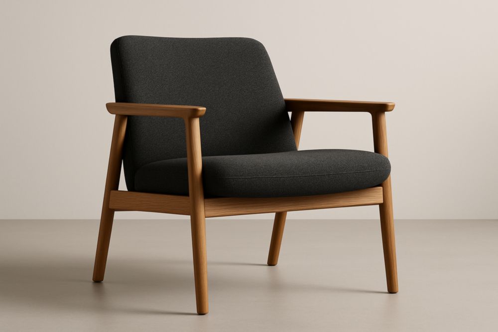 Poltrona in tessuto poliestere antracite con struttura in legno di quercia