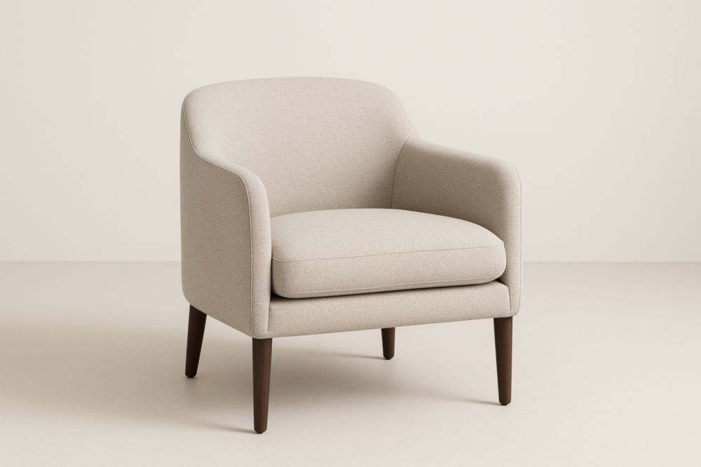 Poltrona beige tessuto cotone gambe legno massello