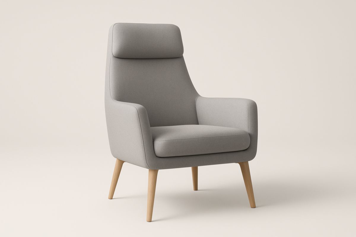 Poltrona in Tessuto Grigio con Gambe in Legno Massello