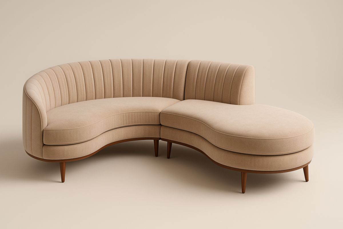 Divano Curvo Beige in Tessuto con Gambe in legno massello, con cuscini