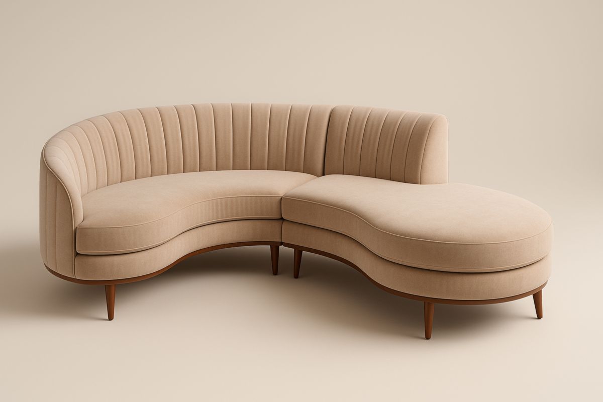 Divano Curvo Beige in Tessuto con Gambe in legno massello, con cuscini