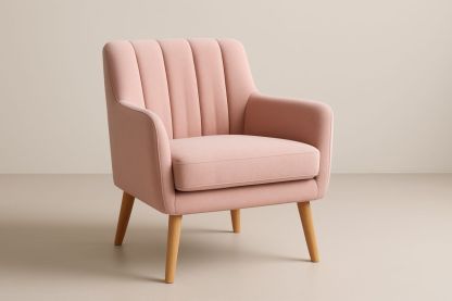 Poltrona in Tessuto Rosa con Gambe in Legno