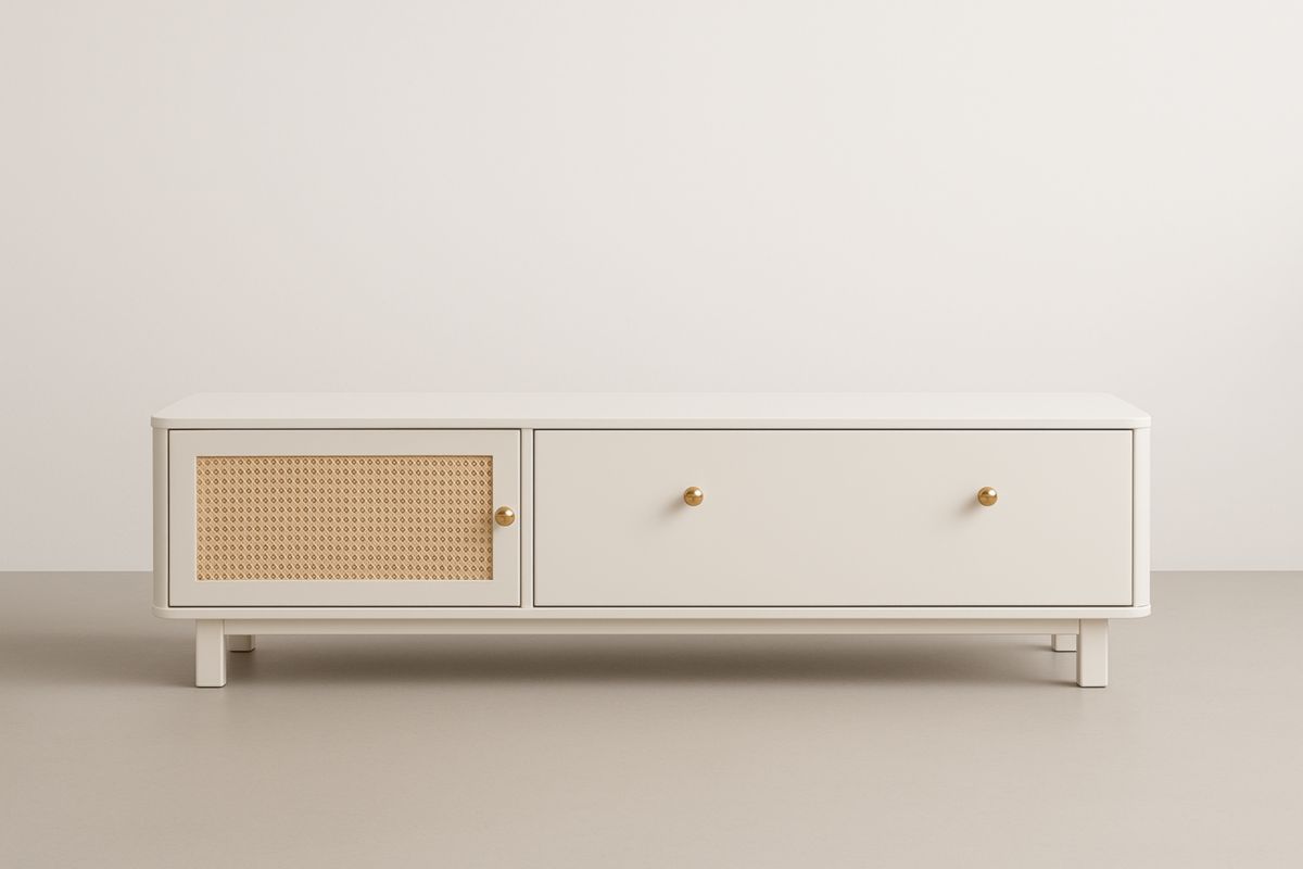 Mobile TV in legno MDF e rattan bianco 120x40x40 cm