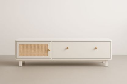 Mobile TV in legno MDF e rattan bianco 120x40x40 cm