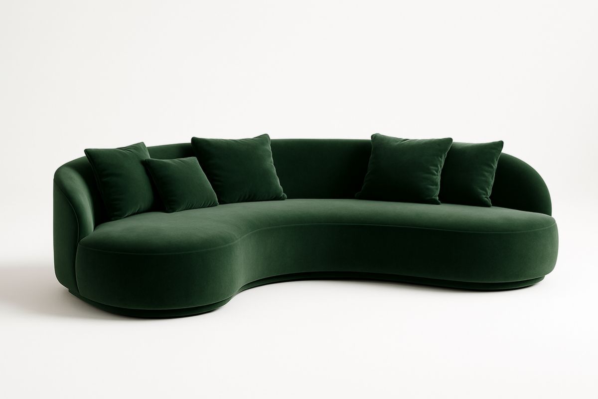 Divano Curvo in Velluto Verde con Cuscini