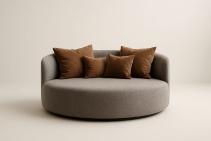 Divano Rotondo in Tessuto Grigio con Cuscini in Velluto Marroni