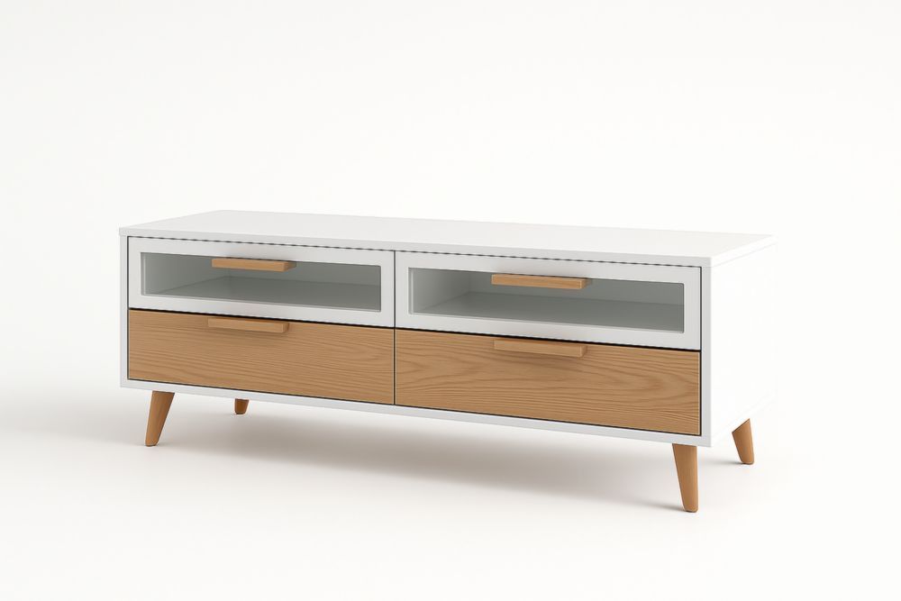 Mobile TV bianco e legno MDF con vetro temperato e cassetti