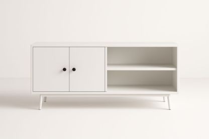 Mobile TV in legno con ante e scaffali in MDF bianco