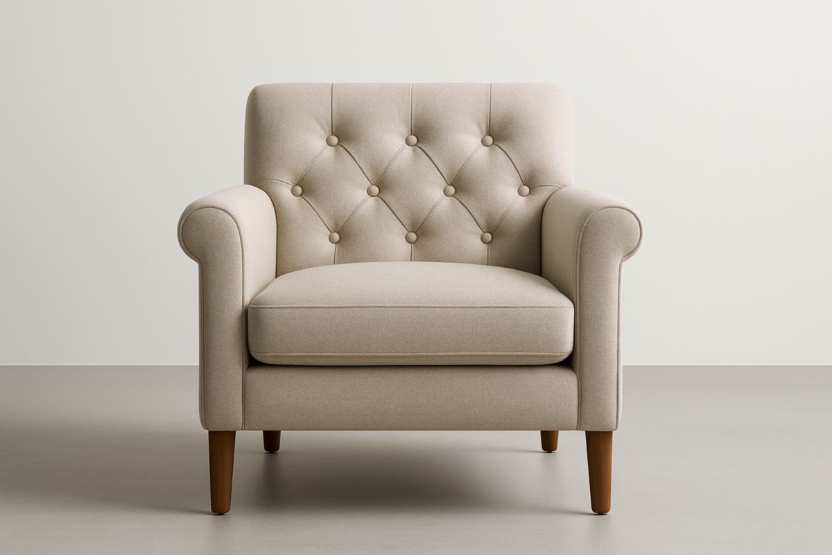 Poltrona in tessuto beige con gambe in legno massello, con cuscino