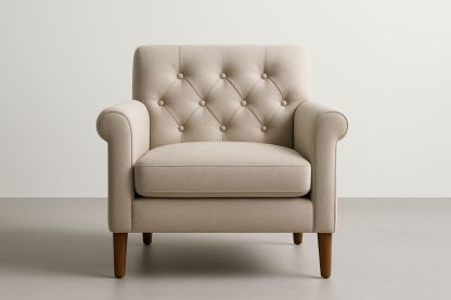 Poltrona in tessuto beige con gambe in legno massello, con cuscino