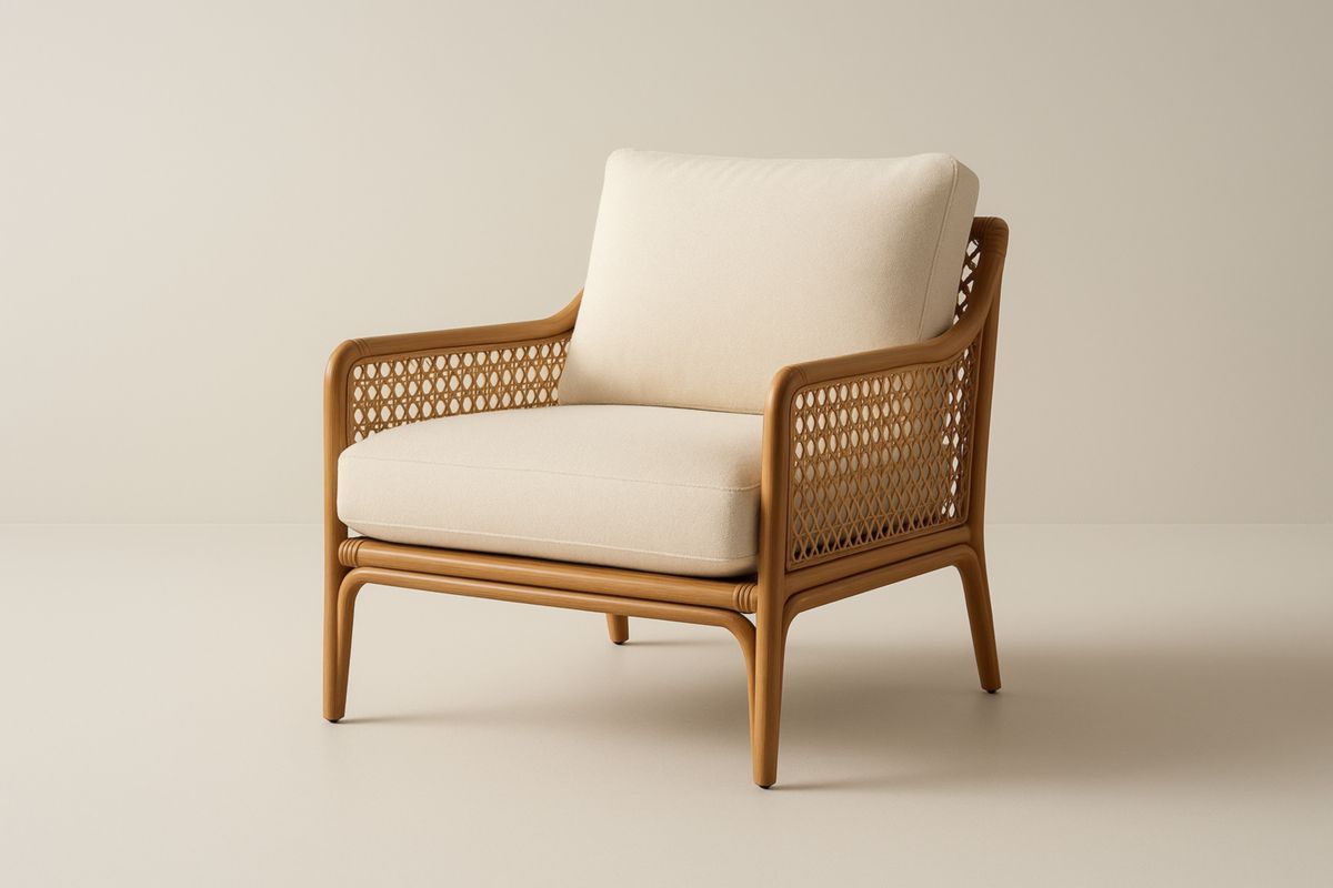 Poltrona in Legno e Rattan con Cuscini in Tessuto Poliestere Beige