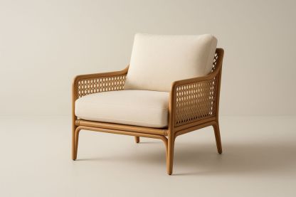 Poltrona in Legno e Rattan con Cuscini in Tessuto Poliestere Beige