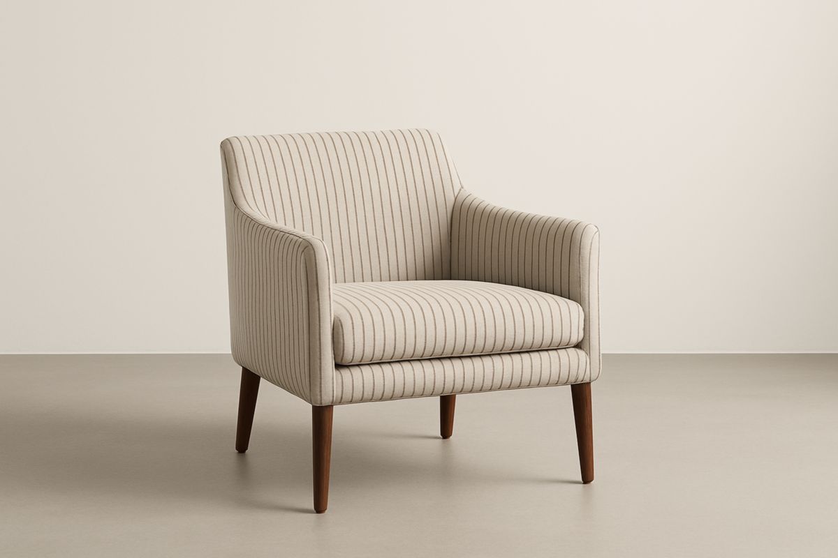 Poltrona in Tessuto Beige a Righe con Gambe in Noce 75x70x80 cm