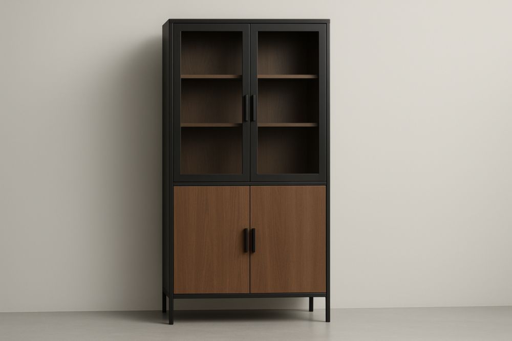 Vetrina Rettangolare Nero e Noce in Legno e Vetro Temperato 180x80x40 cm(H×L×P)