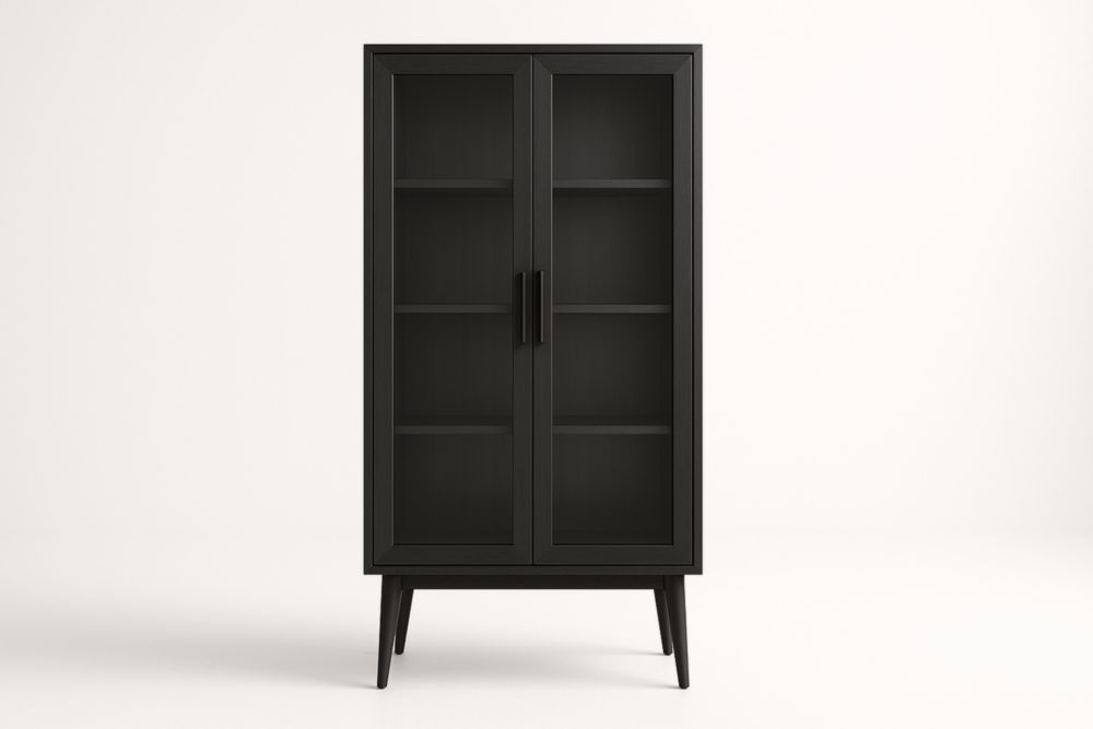 Vetrina in legno MDF e vetro temperato nero con ante e ripiani