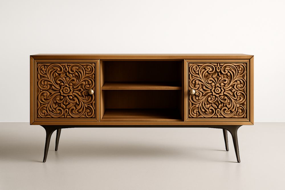 Mobile contenitore da soggiorno in legno massello intagliato con gambe in acciaio marrone