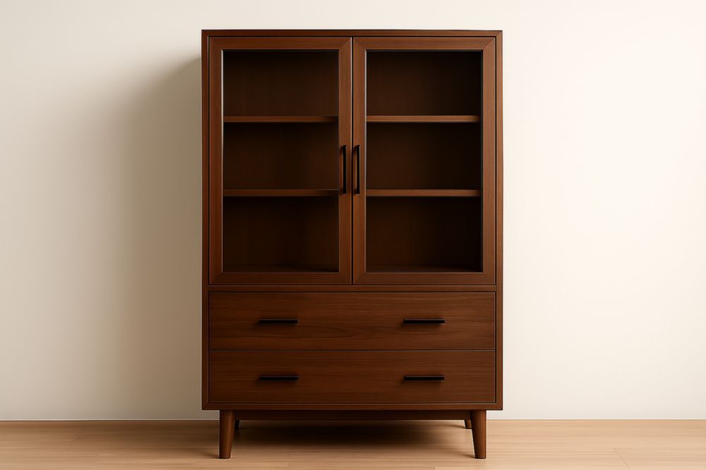 Vetrina in legno massello con ante in vetro e cassetti