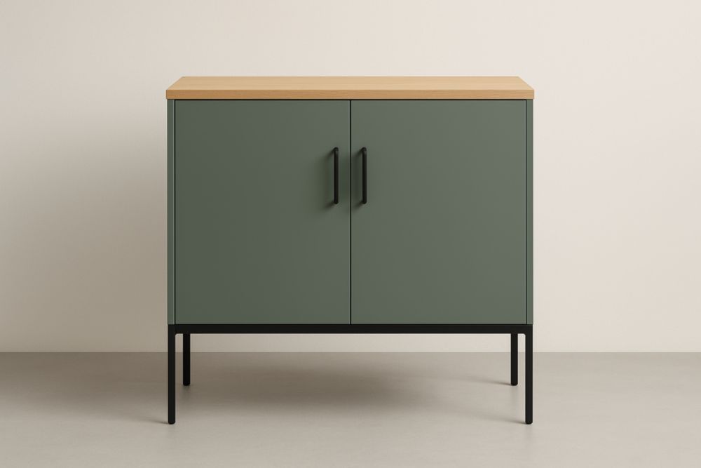 Mobile contenitore rettangolare verde in MDF con ripiano in legno di rovere100x45x90 cm(Lu×L×H)