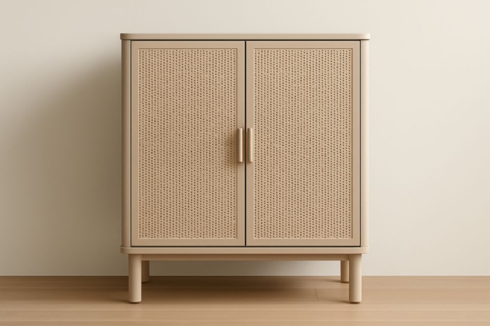 Mobile contenitore in legno di rovere con ante in rattan