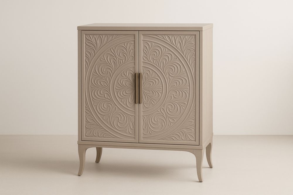 Mobile contenitore rettangolare in legno truciolato color tortora con rilievo a due ante