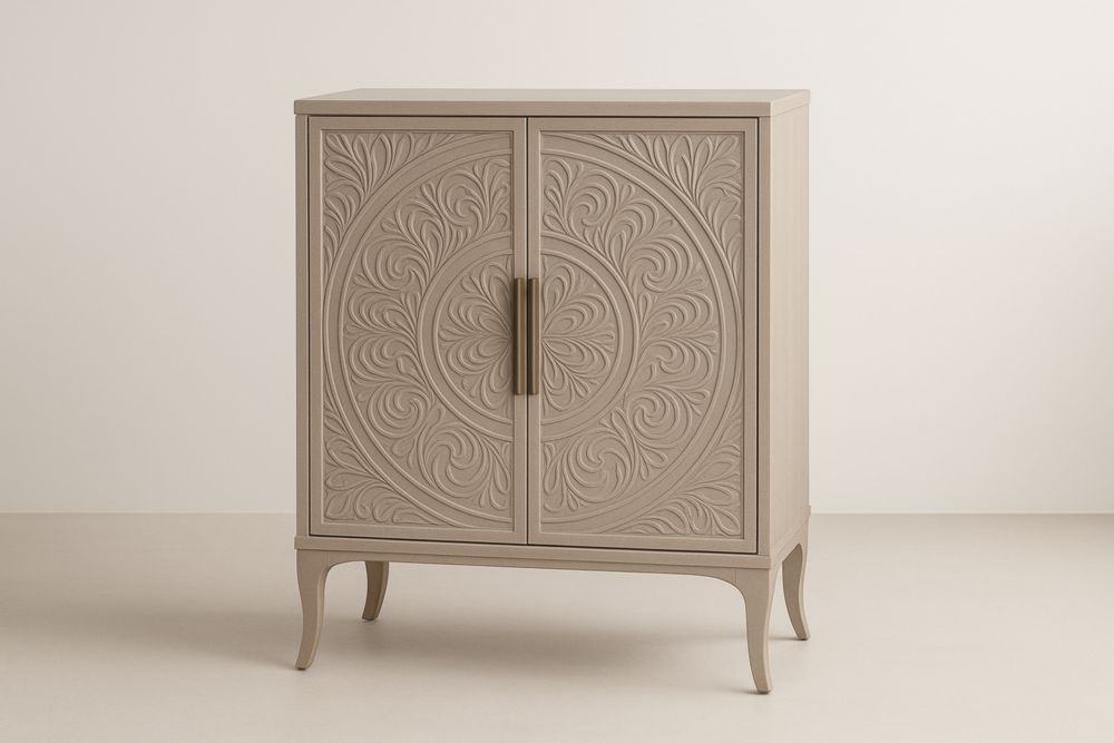 Mobile contenitore rettangolare in legno truciolato color tortora con rilievo a due ante