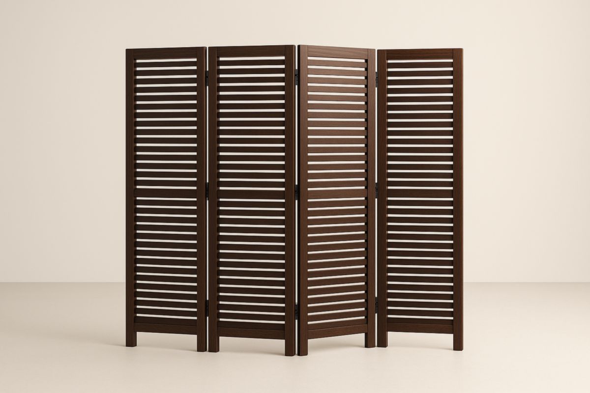 Paravento in Legno Massello Marrone Scuro a 4 Pannelli