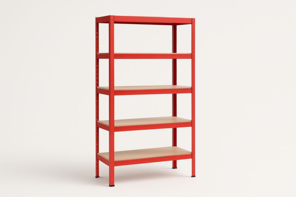 Scaffale in acciaio rosso con ripiani in MDF