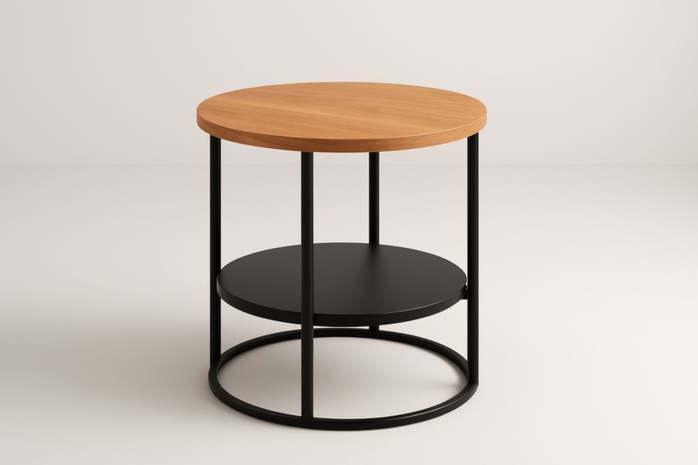 Tavolino rotondo in legno massello e acciaio nero, diametro 40 cm