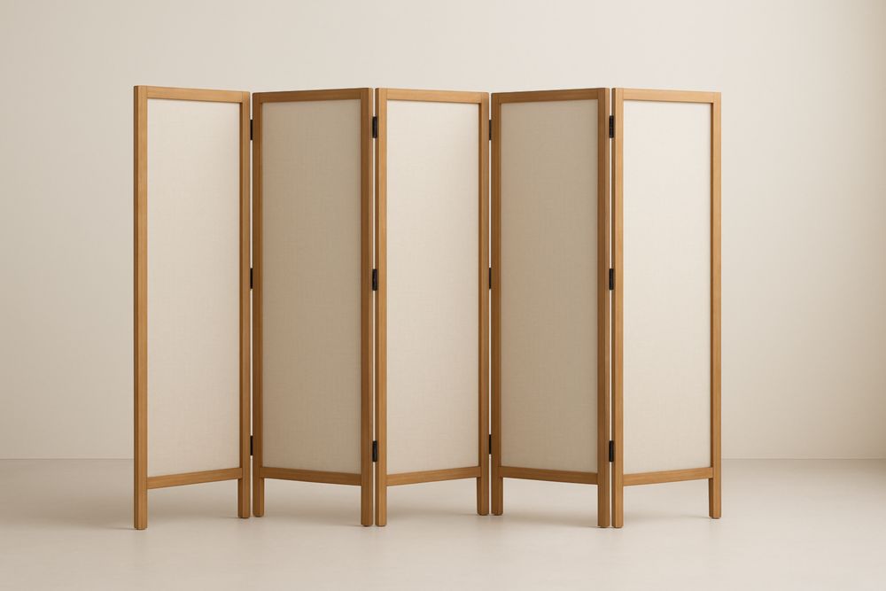 Paravento pieghevole in legno di faggio e tessuto di lino beige