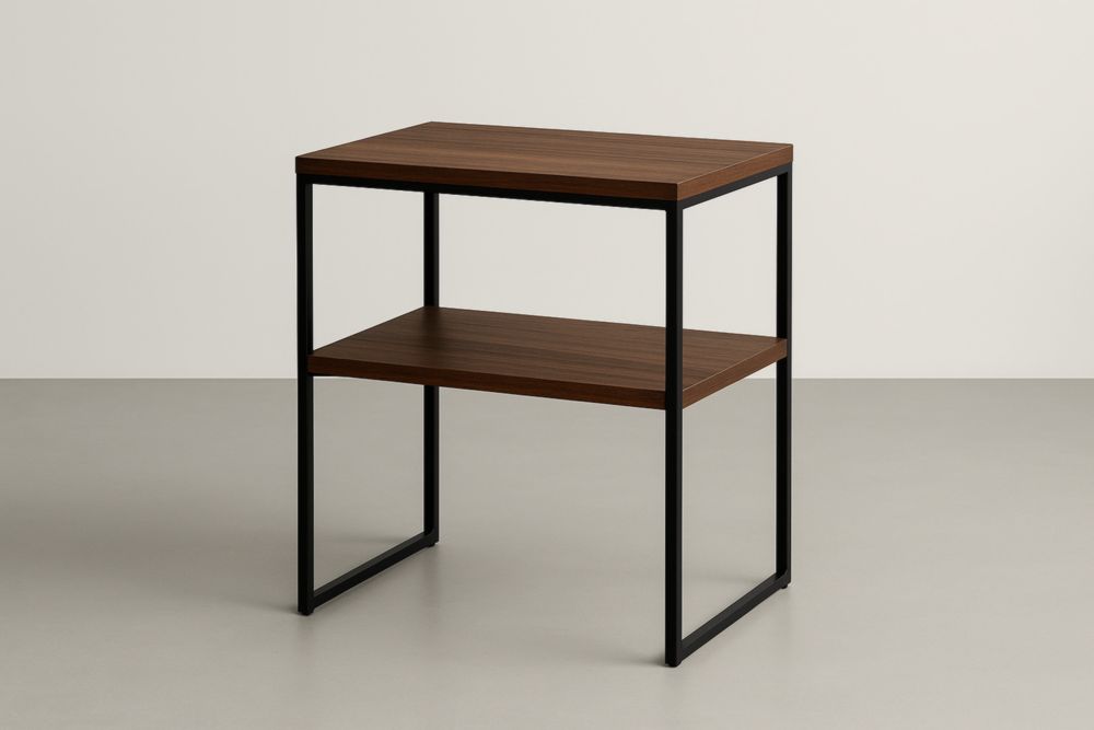 Tavolino laterale rettangolare in legno compensato e acciaio