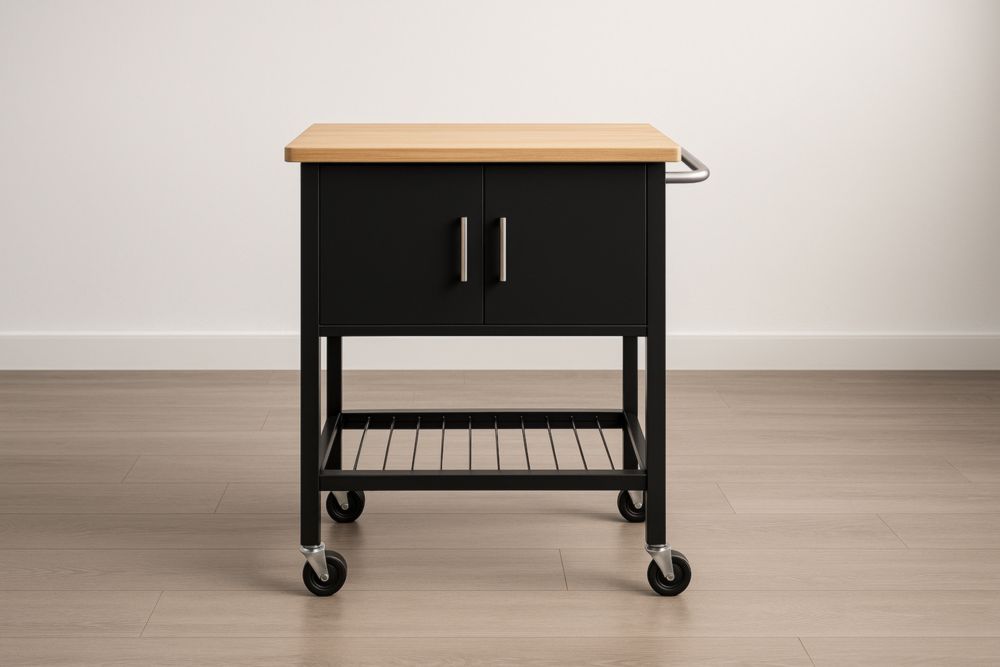 Carrello da Cucina Nero in Legno MDF e Acciaio con Ripiano Inferiore