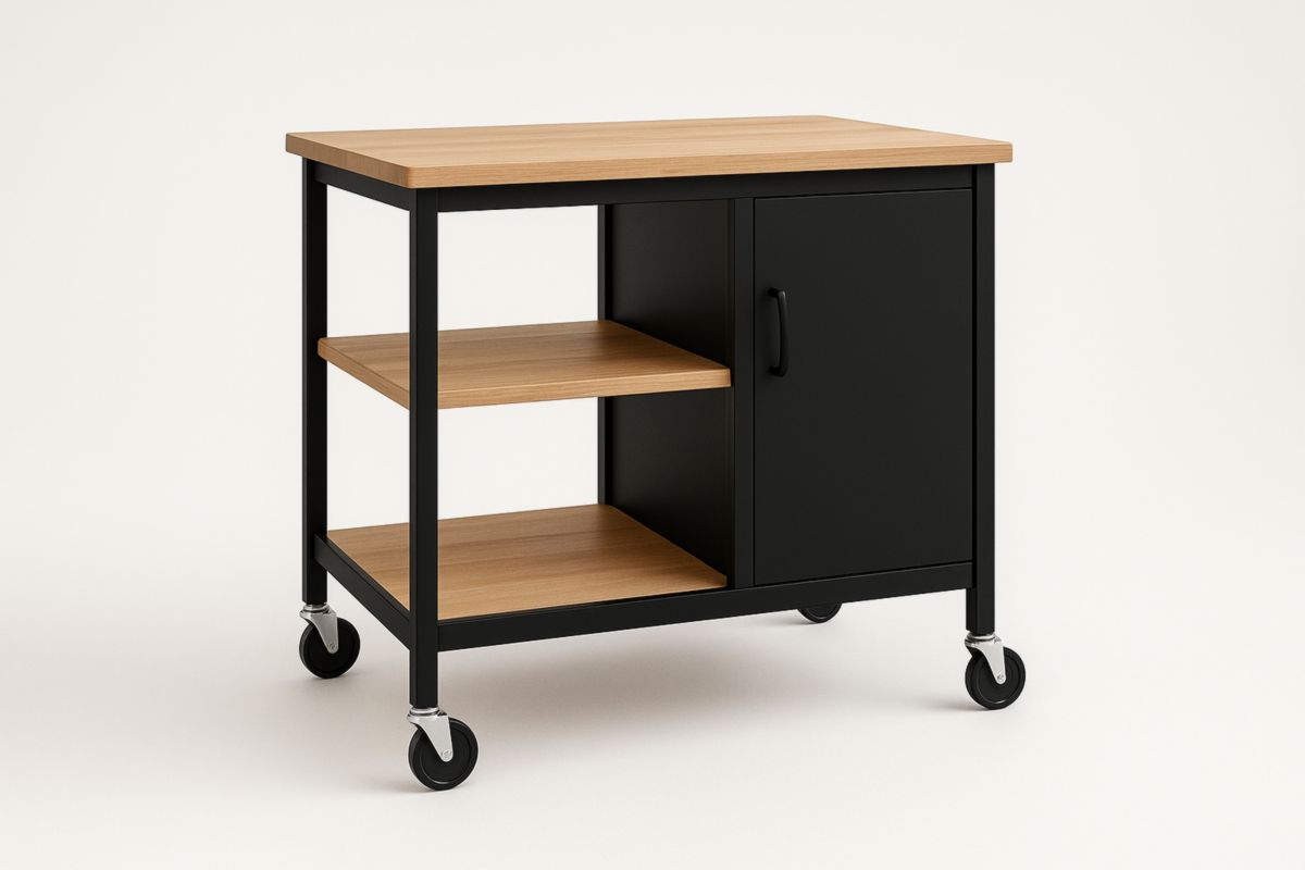 Carrello cucina in legno massello e alluminio con ripiani e mobiletto