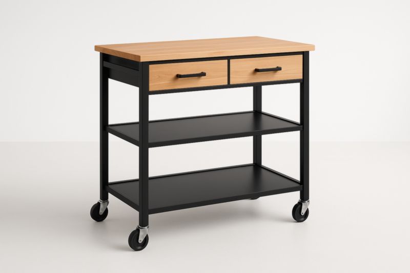 Carrello da Cucina con Piano in Legno e Ripiani in Metallo Nero