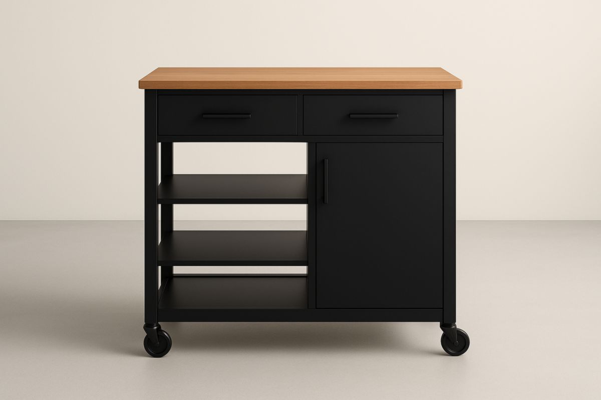 Carrello da cucina in acciaio e legno massello con ruote 100x50x85 cm