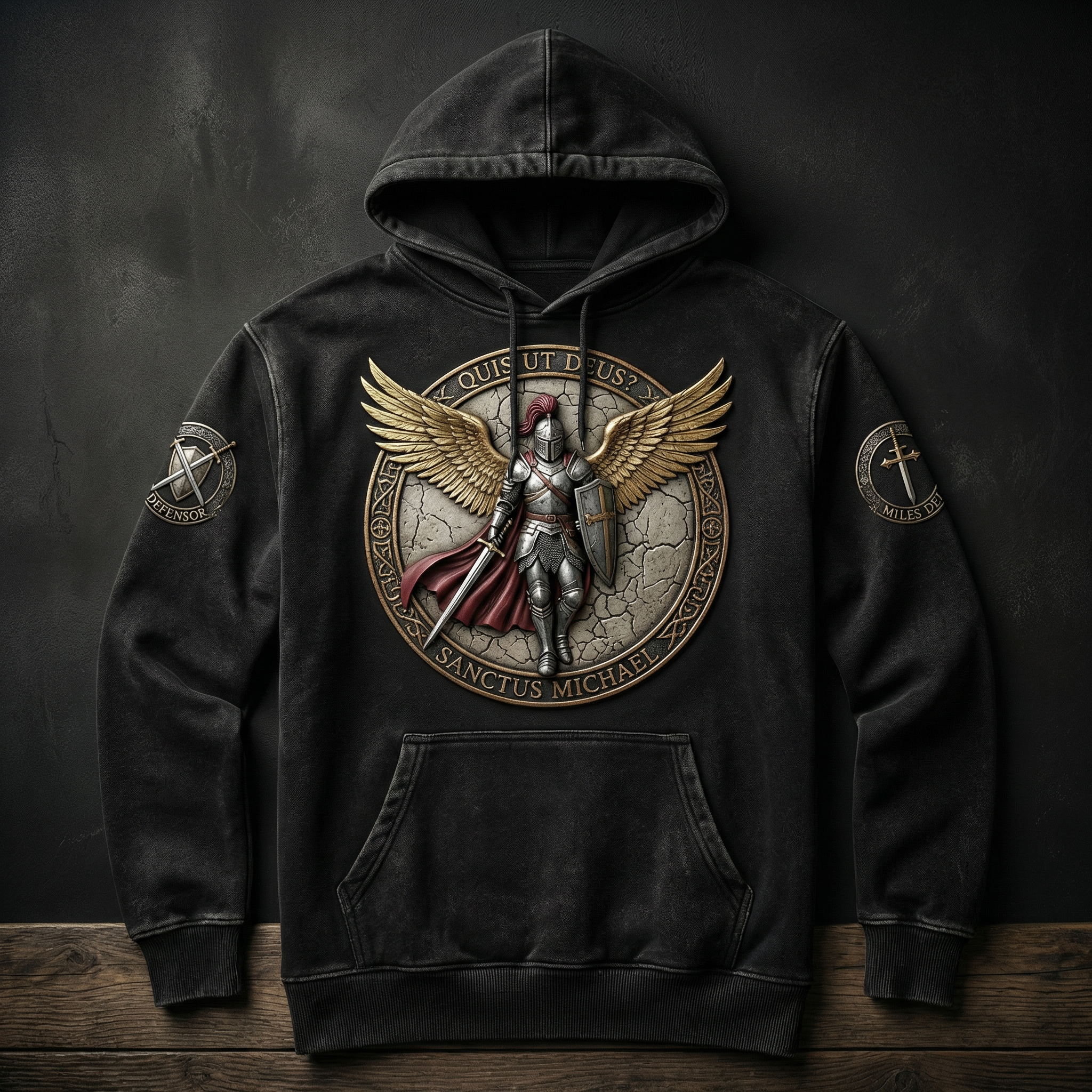 Quis Ut Deus" | Archangel St. Michael: Divine Protector Embossed Hoodie