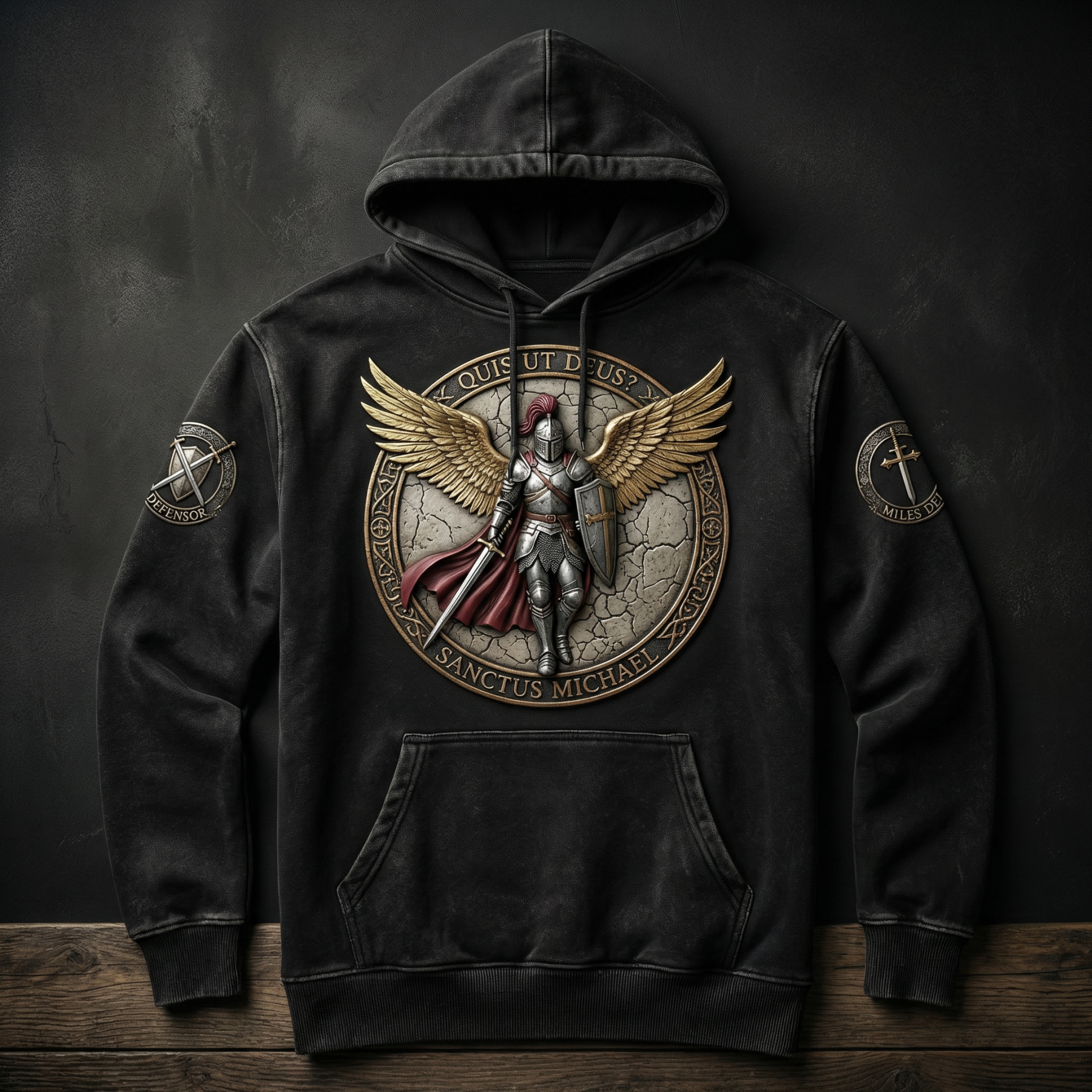 Quis Ut Deus" | Archangel St. Michael: Divine Protector Embossed Hoodie