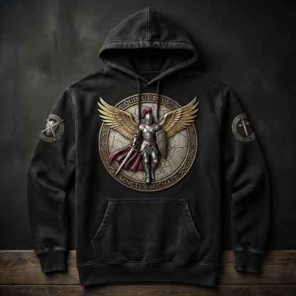 Quis Ut Deus" | Archangel St. Michael: Divine Protector Embossed Hoodie