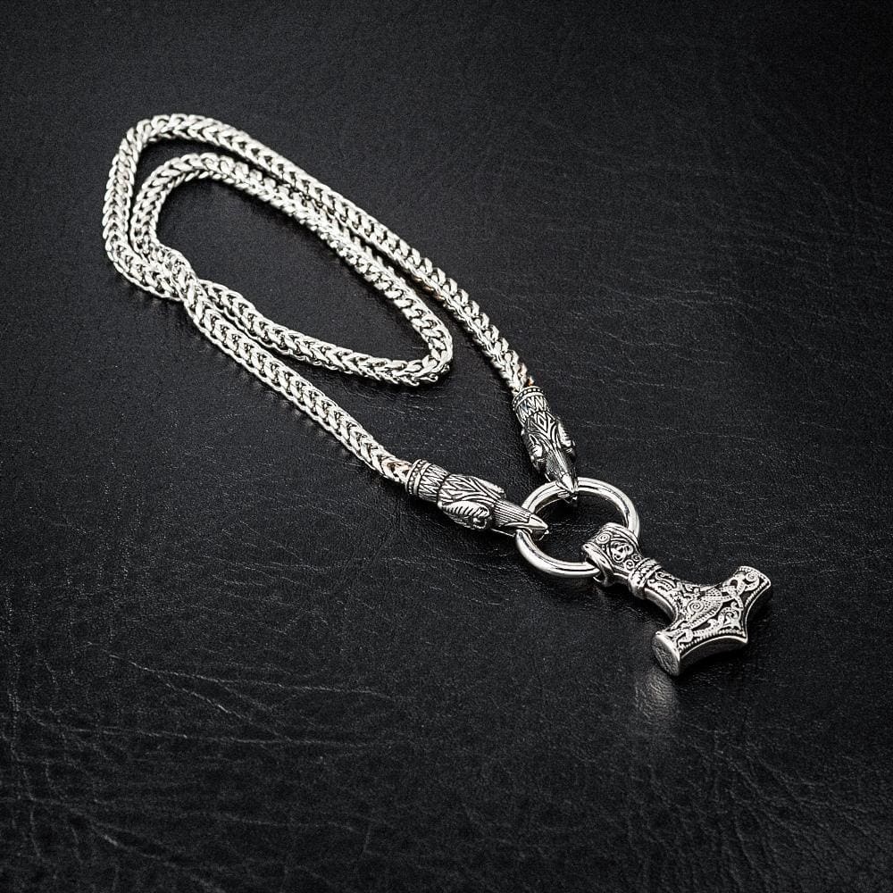 Stainless Steel Raven's Head Kings Chain With Mjolnir Pendant