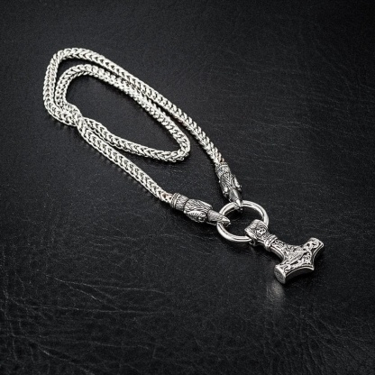 Stainless Steel Raven's Head Kings Chain With Mjolnir Pendant
