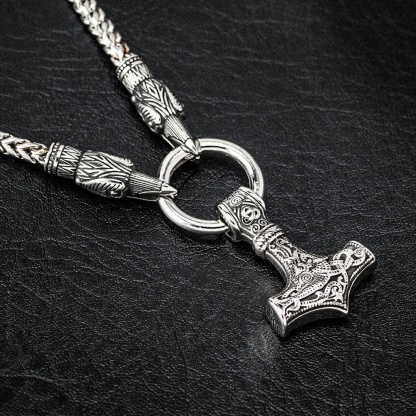 Stainless Steel Raven's Head Kings Chain With Mjolnir Pendant