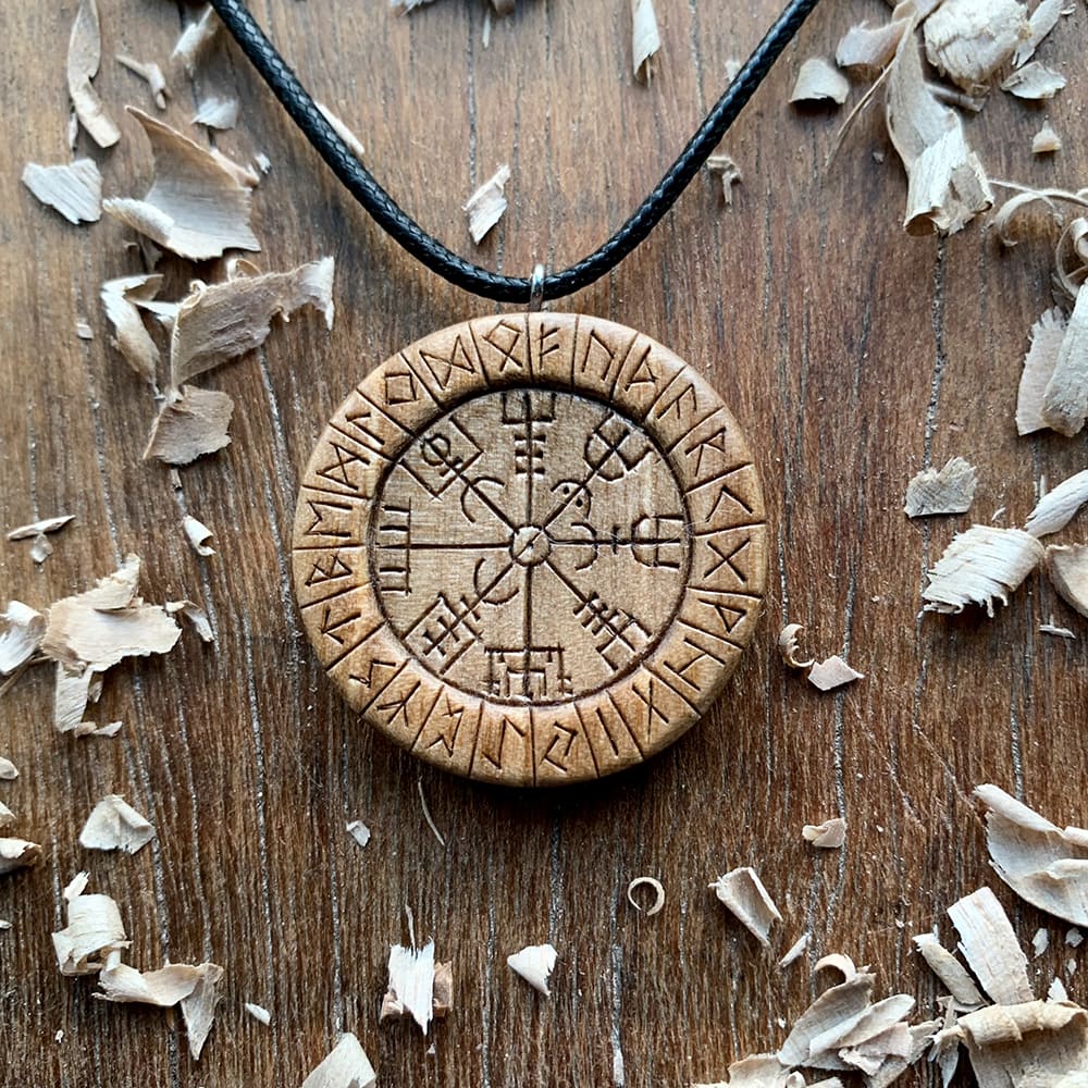 Hand Carved Round Vegvisir and Runes Pendant