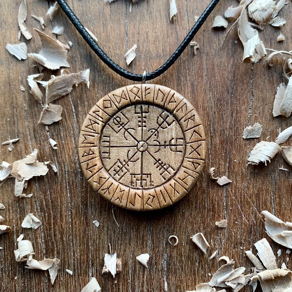 Hand Carved Round Vegvisir and Runes Pendant