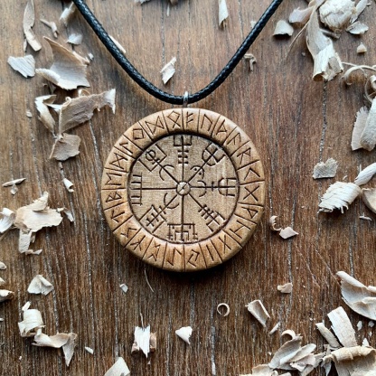 Hand Carved Round Vegvisir and Runes Pendant