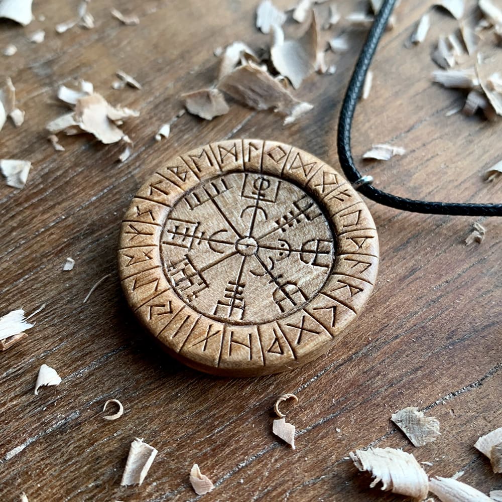 Hand Carved Round Vegvisir and Runes Pendant