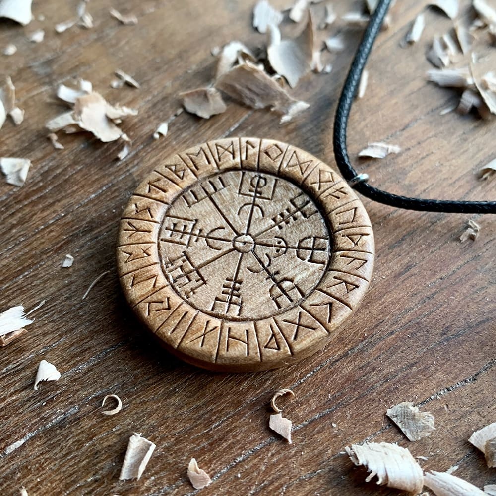 Hand Carved Round Vegvisir and Runes Pendant