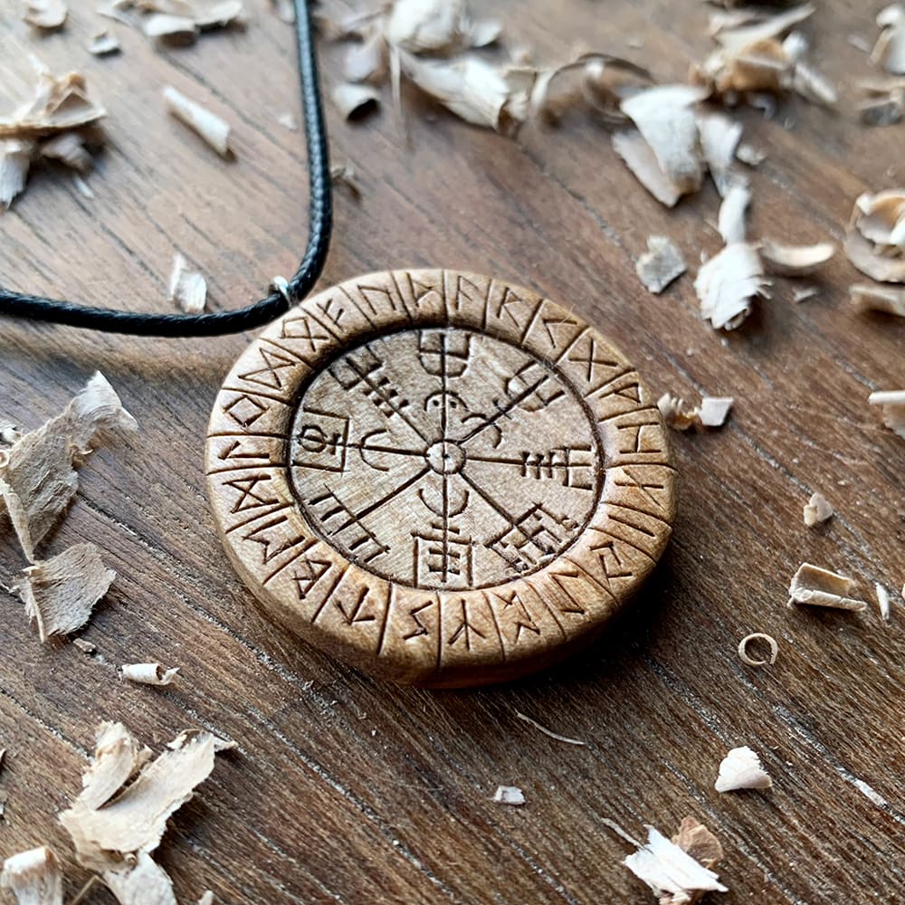 Hand Carved Round Vegvisir and Runes Pendant